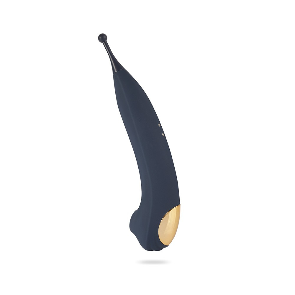 Vibrador Feminino Recarregavel em Silicone com 7 Vibracoes DOUBLE Azul em angulo lateral, destacando as curvas e o acabamento aveludado
