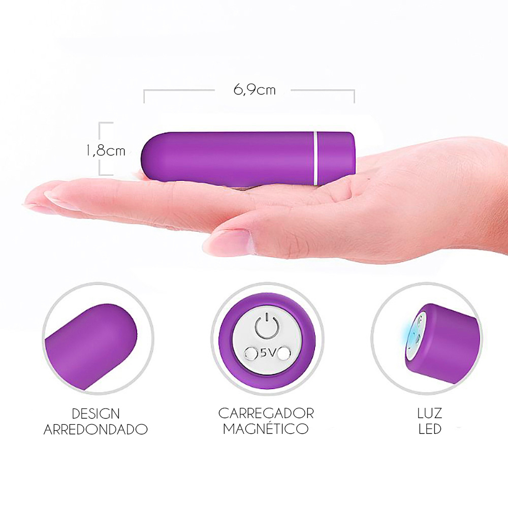 Vibrador Bullet Recarreg�vel Roxo nas m�os com medidas de 6,9cm de comprimento e 1,8cm de largura