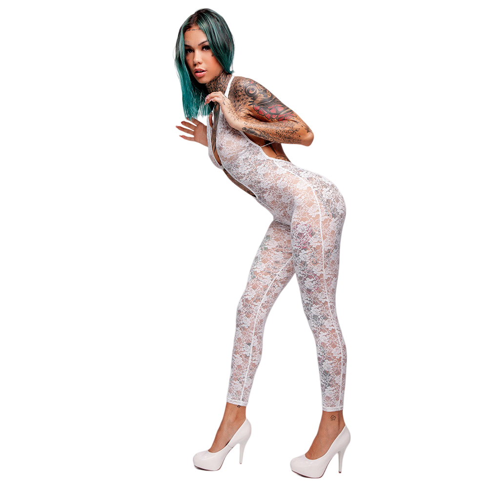 Macac�o Sensual em Renda El�stica sem Bojo Frente �nica Branco de corpo inteiro da modelo inclinada para frente