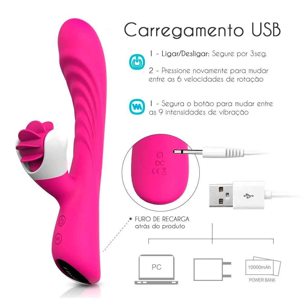 Vibrador Duplo em Silicone Recarreg�vel com Simulador de Sexo Oral 9 Vibra��es Pink | Foto 05