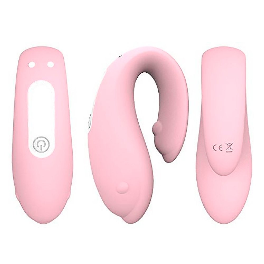 Vibrador para Casal Golfinho Recarreg�vel Winter em Silicone Rosa, vis�o traseira com modos de vibra��o
