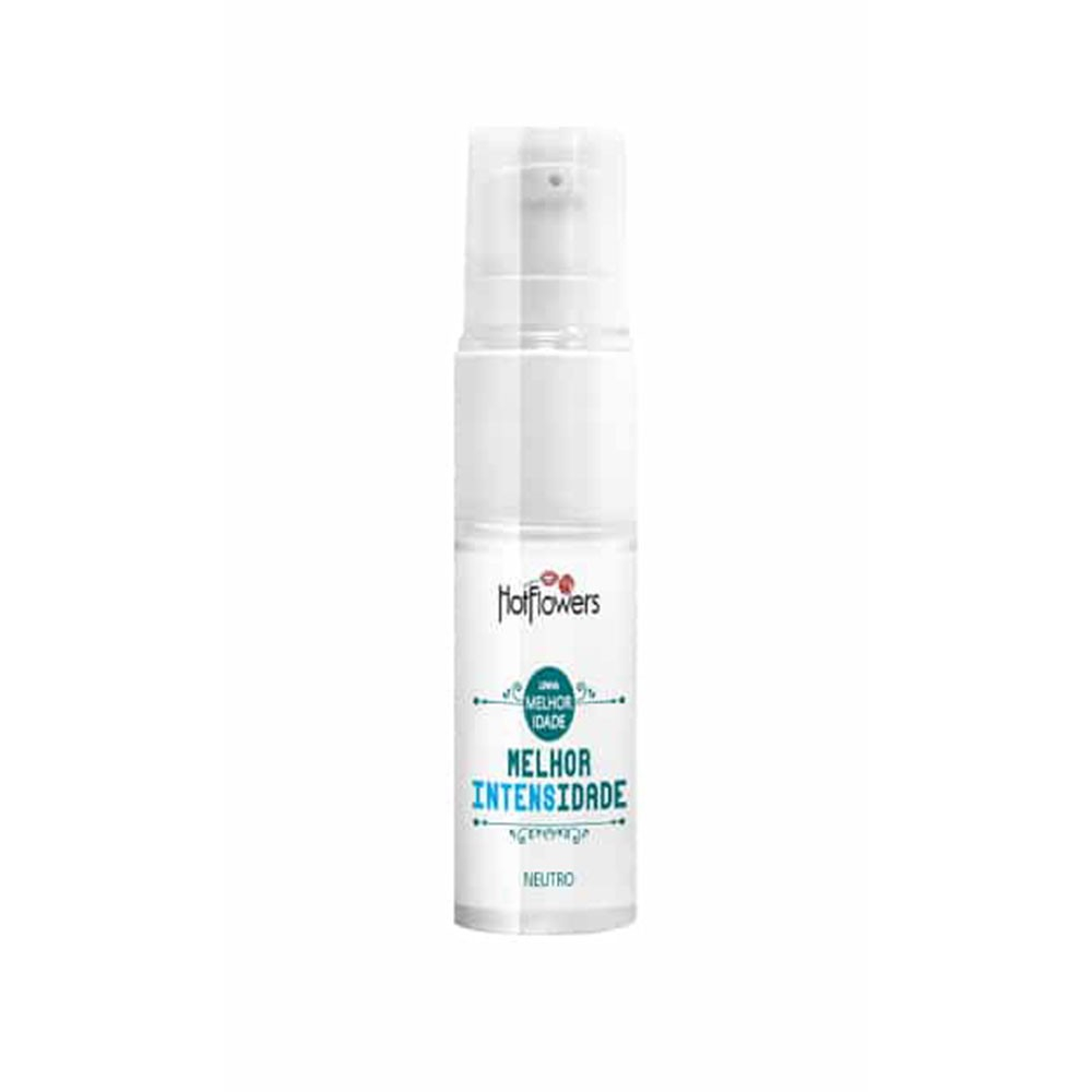 Frasco transparente do Gel Masculino Melhor Intensidade Neutro 12ml da Hot Flowers em close-up, destacando o r�tulo e a tampa dosadora.