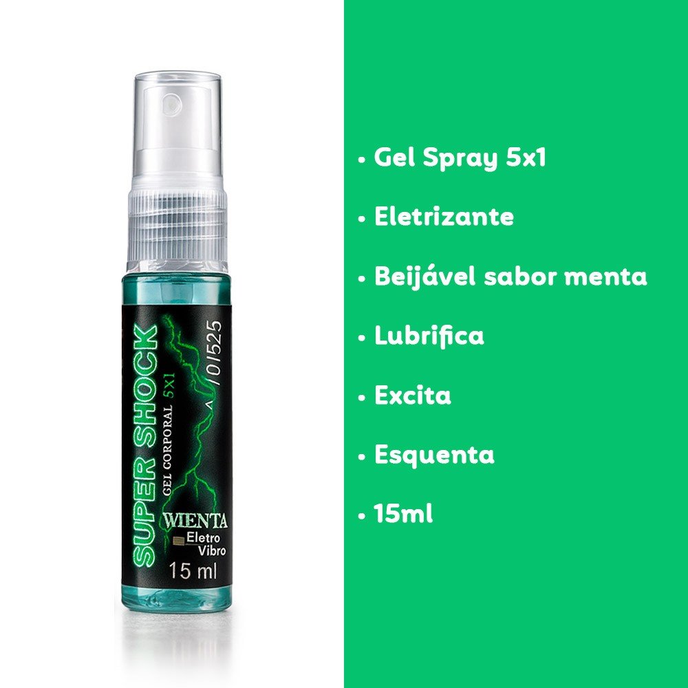 Vibrador L�quido Super Shock Menta 15ml - Vis�o do frasco e suas caracter�sticas eletrizantes, beij�veis e lubrificantes