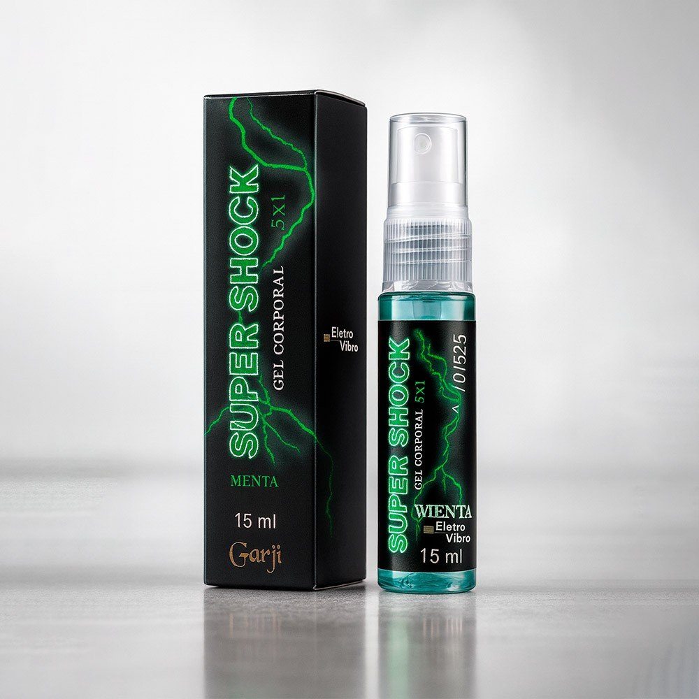 Vibrador L�quido Super Shock Menta 15ml - Embalagem estilizada do produto e frasco de spray transparente com l�quido verde