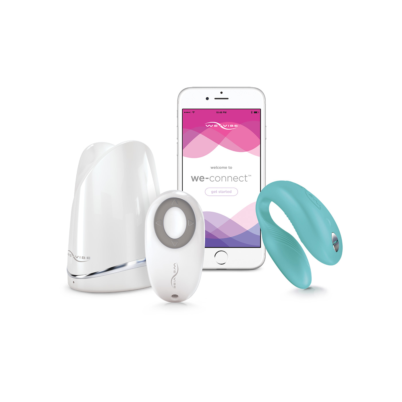 Vibrador para casal We-Vibe Sync na cor Cyan, com seu controle remoto e o carregador, e a tela de um smartphone exibindo o aplicativo We-Connect