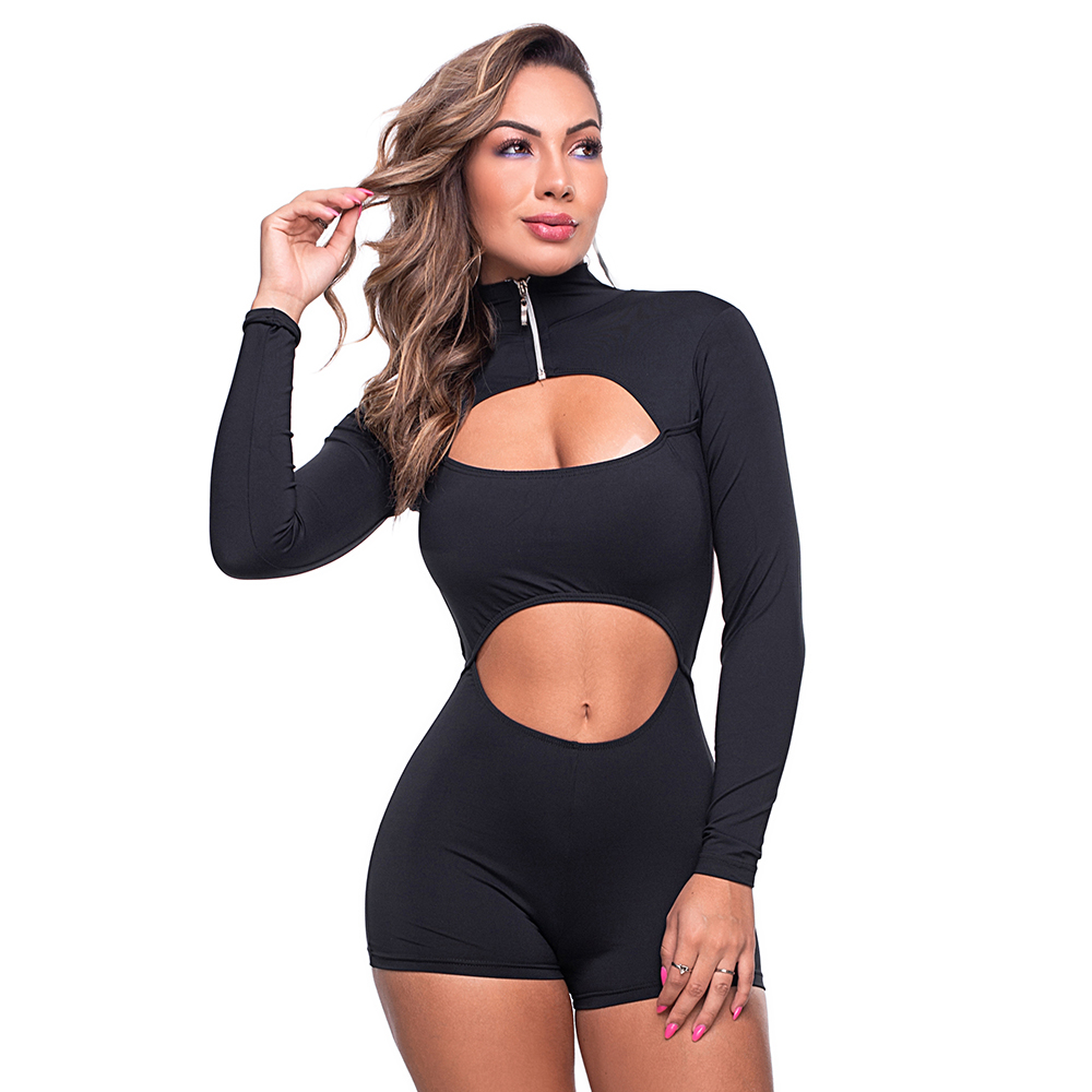 Macaquinho Sensual Sexy Preto com z�per aberto e recortes frontais