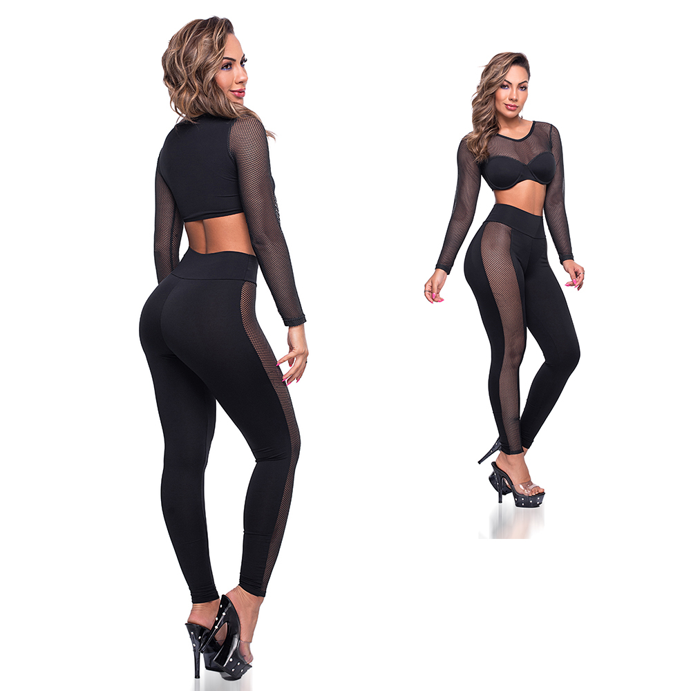 Conjunto Sensual Sexy Preto - Cropped e Cal�a Legging com Detalhes em Tela - Vista traseira
