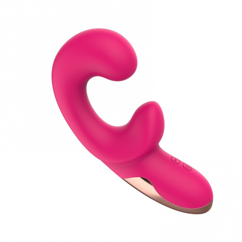 Vibrador Duplo Recarreg�vel de Silicone Pink para Ponto G e Clit�ris - Vis�o diagonal mostrando curva para ponto G e extremidade clitoriana