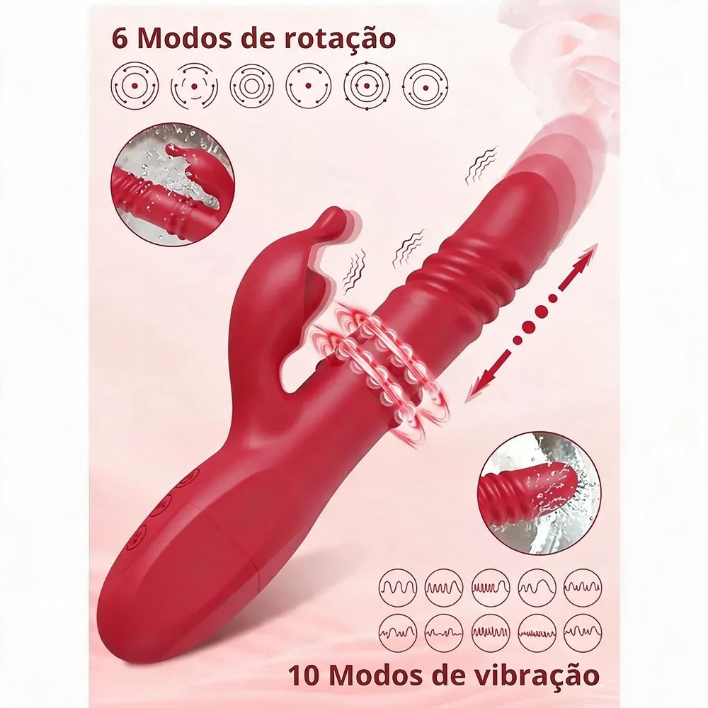 Vibrador duplo de silicone em vermelho, com ilustracao de vibracoes e modos de rotacao do clitoriano