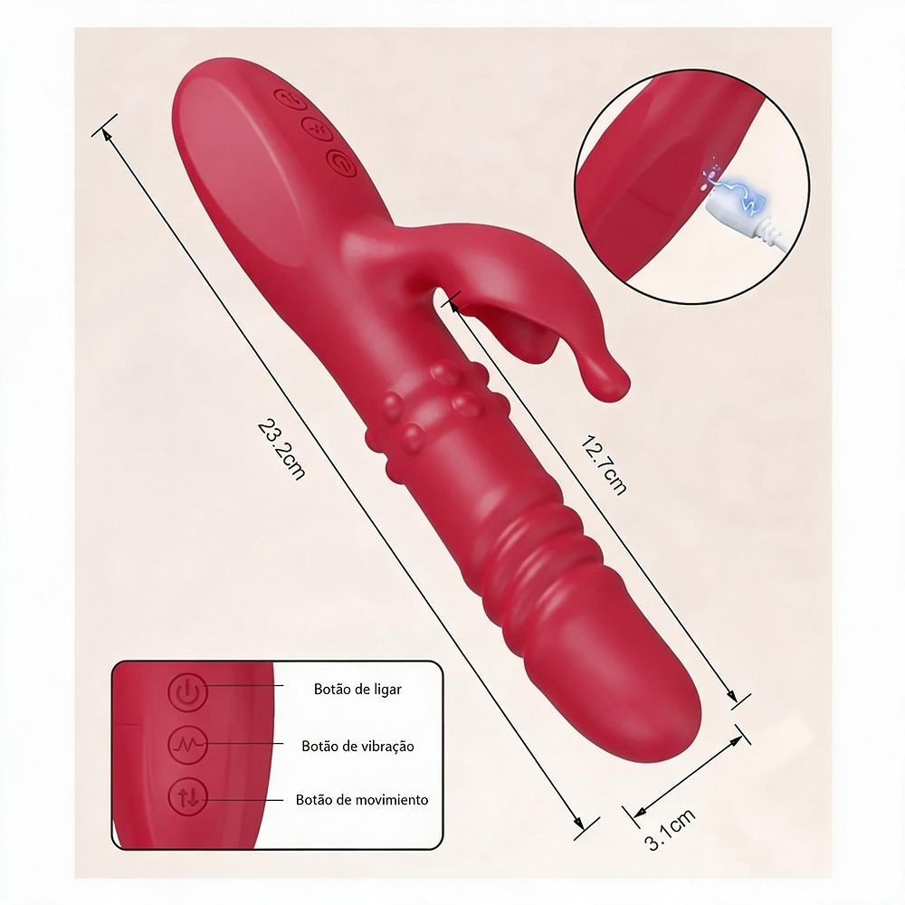 Vibrador Duplo Recarreg�vel em Silicone com Movimento Rotativo e Vai e Vem Vermelho | Foto 04