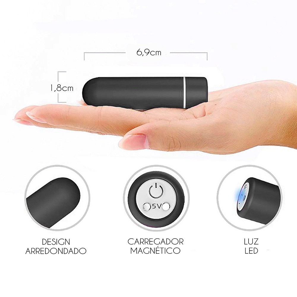 Vibrador Bullet Recarreg�vel com indicador de carregador magn�tico e design arredondado