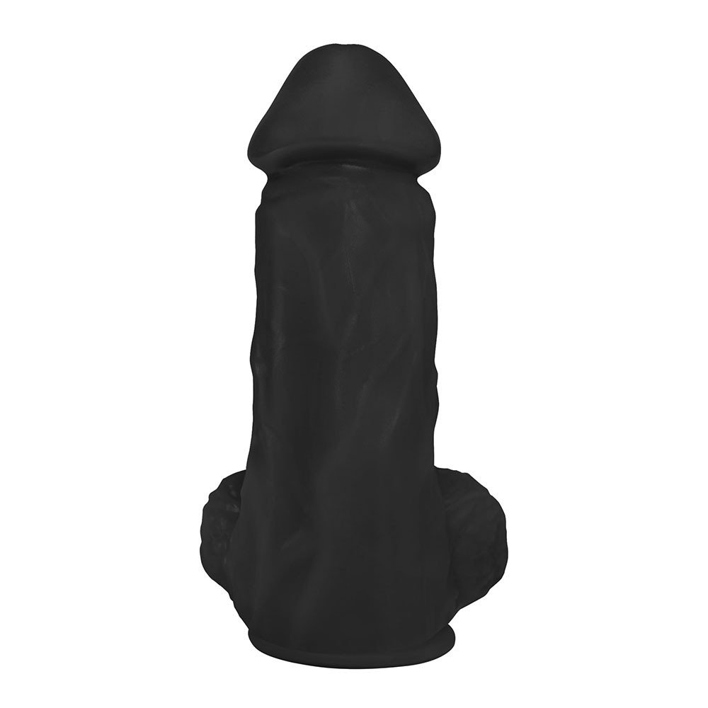 P�nis Real�stico Flex�vel com Escroto e Ventosa Cumaru 19 x 6cm Preto | Vista frontal lateral focando nos detalhes real�sticos do escroto e textura do PVC Toque Macio
