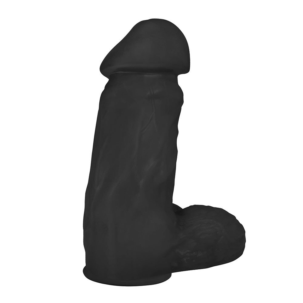 P�nis Real�stico Flex�vel com Escroto e Ventosa Cumaru 19 x 6cm Preto | Vista lateral destacando a curvatura, escroto detalhado e a ventosa na base para fixa��o