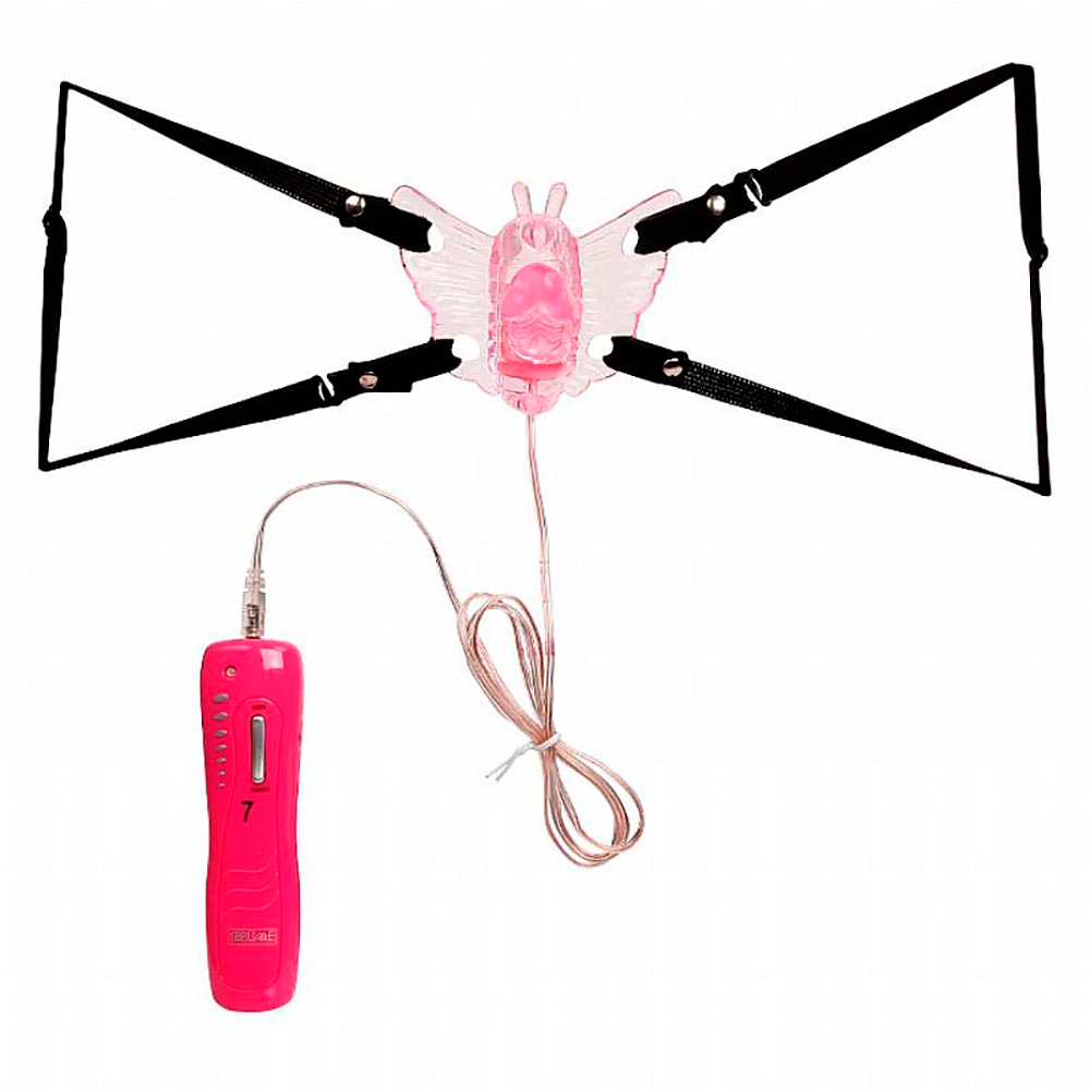 Vibrador Butterfly com Mini P�nis e Controle com Fio e Cinta Ajust�vel Rosa - Vista de frente com caixa