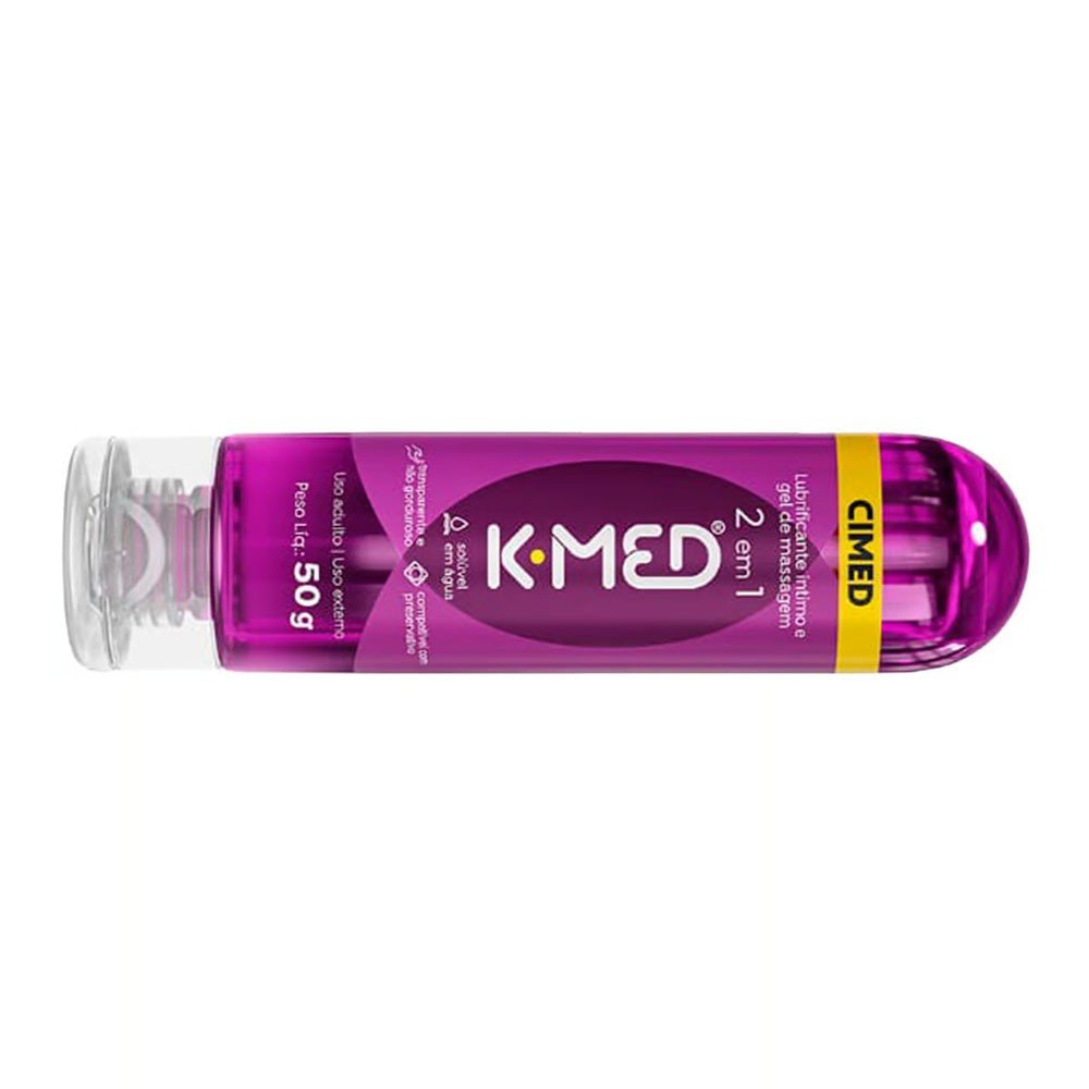 Gel Lubrificante �ntimo K-Med 2 em 1 de 50g em vista lateral, refor�ando a funcionalidade '2 em 1' que lubrifica e massageia.