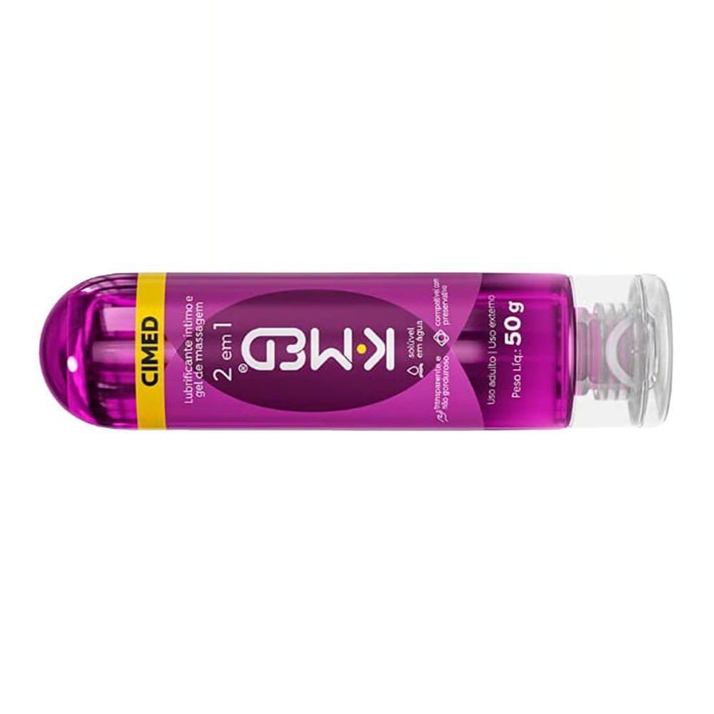 Gel Lubrificante �ntimo K-Med 2 em 1 de 50g em vista invertida, mostrando a tampa e parte inferior do frasco, refor�ando a apresenta��o do produto.