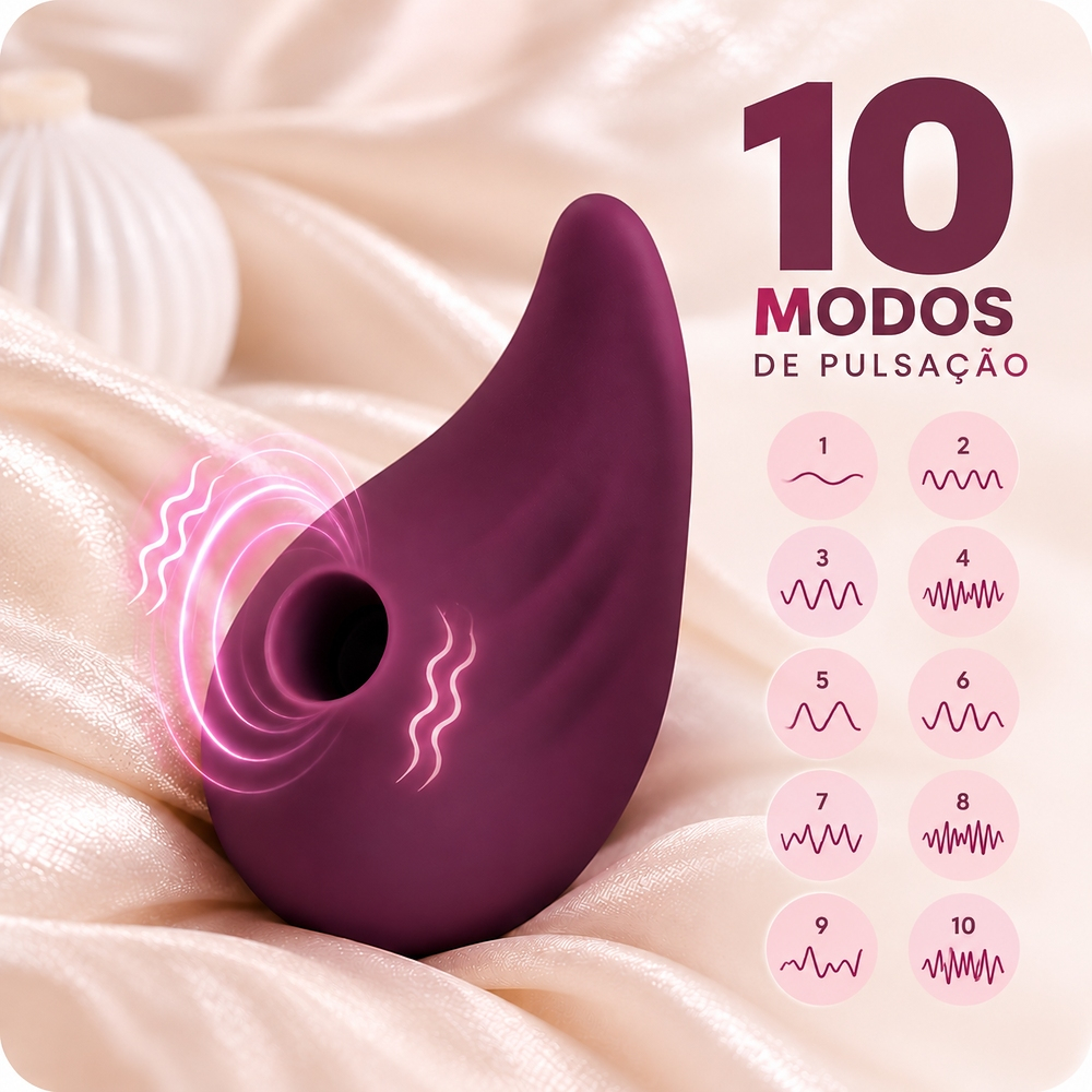 Pulsador de clit�ris roxo com detalhes gr�ficos mostrando 10 modos de pulsa��o