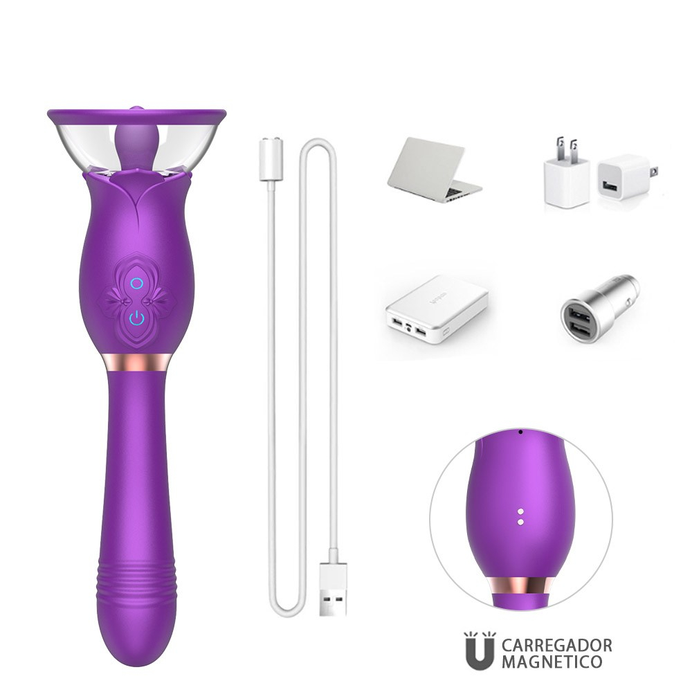 Vibrador Feminino em Silicone Aveludado Recarreg�vel com 3 Suc��es e 10 Modos de Vai e Vem Roxo | Foto 04