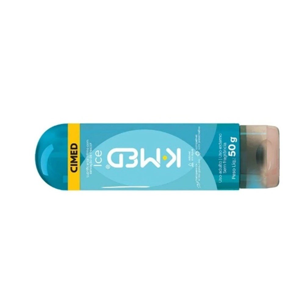 Imagem horizontal do Gel Lubrificante �ntimo K-Med Ice deitado, com detalhes da embalagem azul claro e azul escuro.