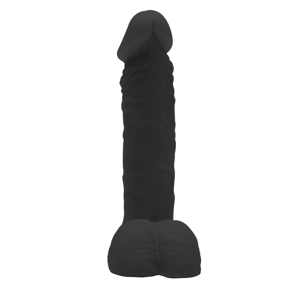 P�nis de Borracha, com Glande Zeus 20 x 4,5cm Preto - vista frontal do brinquedo sexual com detalhes do escroto e textura vis�vel