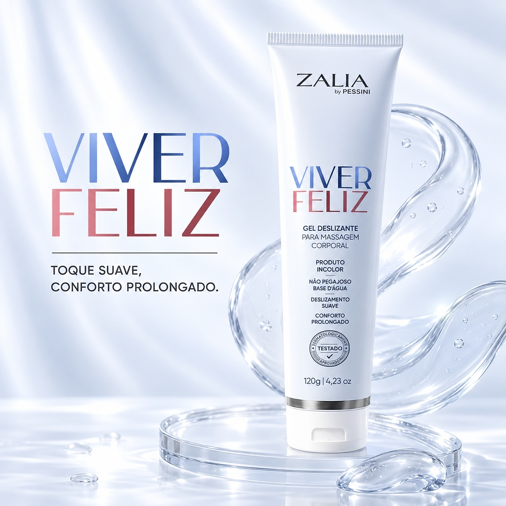 Gel lubrificante Viver Feliz em fundo iluminado com elementos aquosos, destacando a textura fluida do gel
