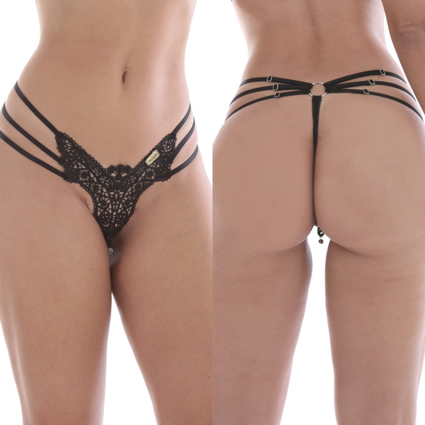 Calcinha String Preta com Detalhes Strappy e Guipir - Vista Lateral Completa