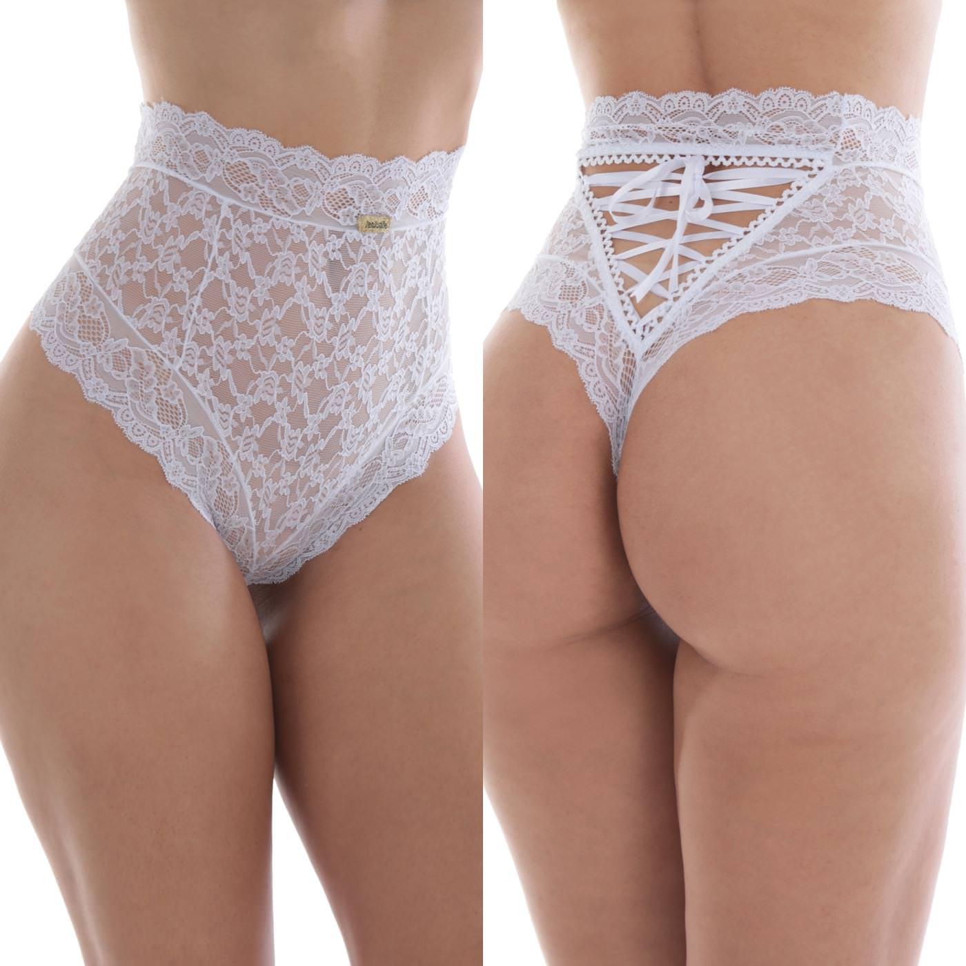 Calcinha Cale�on Alta em Renda Tran�ada Atr�s Branca | Foto 03