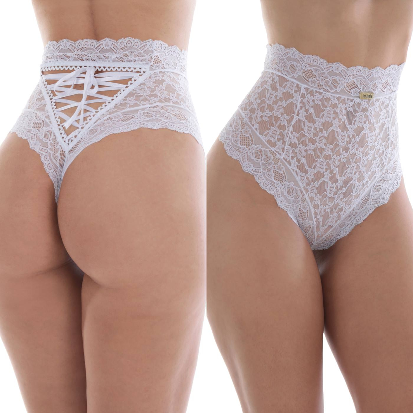 Calcinha Cale�on Alta em Renda Tran�ada Atr�s Branca | Foto 04