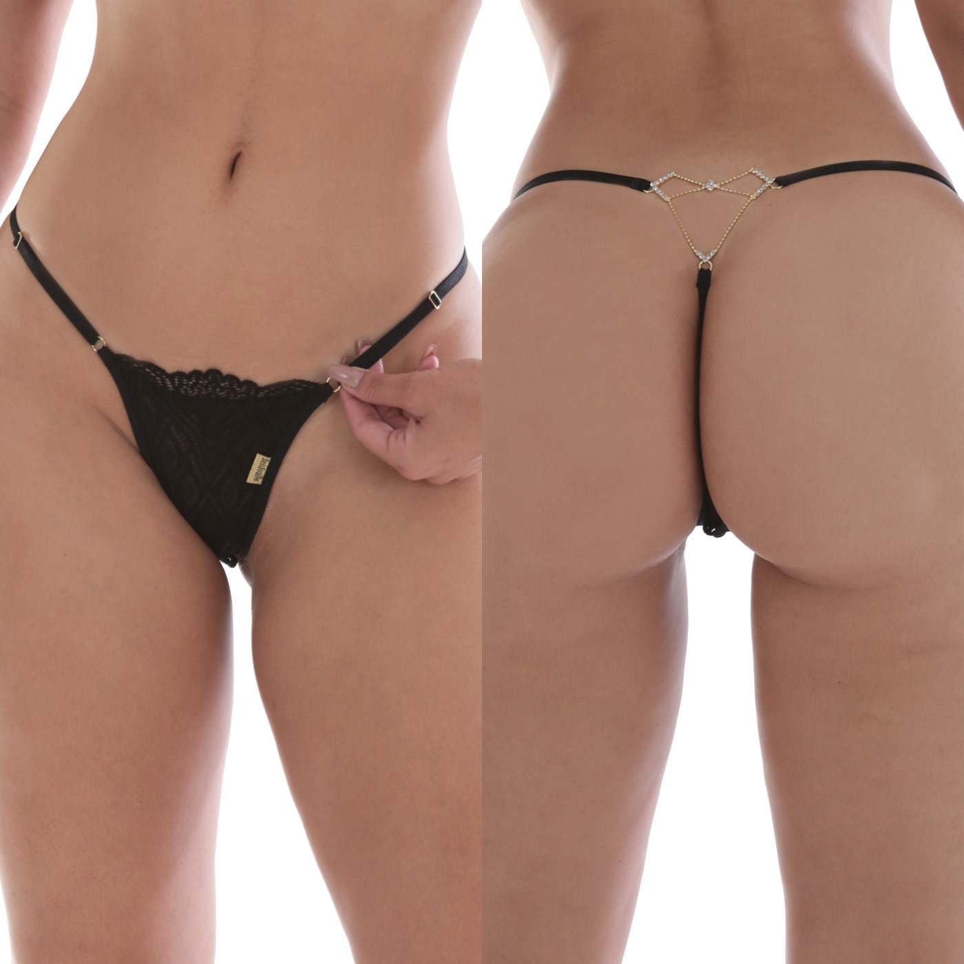 Calcinha String em Renda com Biju Dourada Yes Preta - Vista frontal e traseira da calcinha real�ando o design e bijuteria