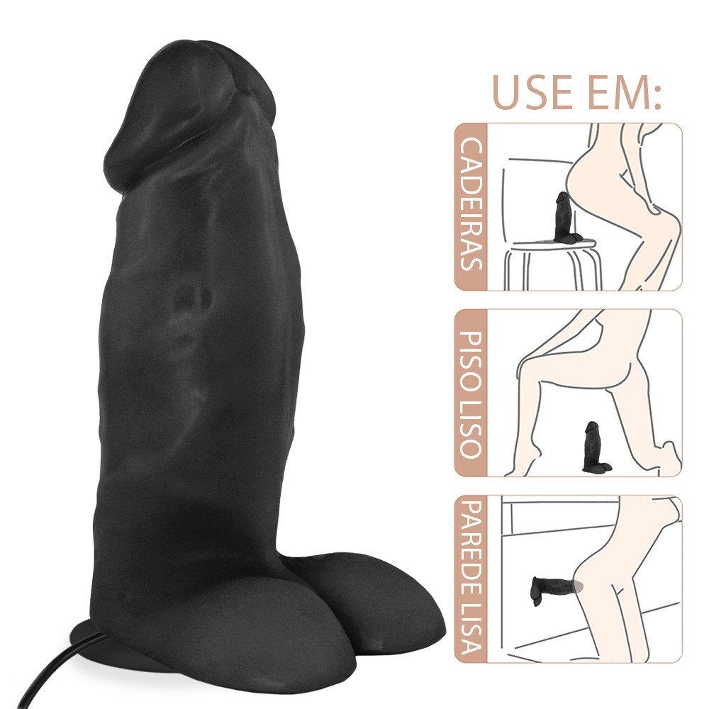 P�nis Real�stico Flex�vel com Escroto, Ventosa e Vibrador Peroba 19 x 6,8cm Preto - imagem detalhada da base com ventosa