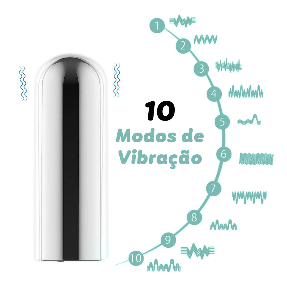 Vibrador Bullet Recarreg�vel Prata destacando os 10 modos de vibra��o