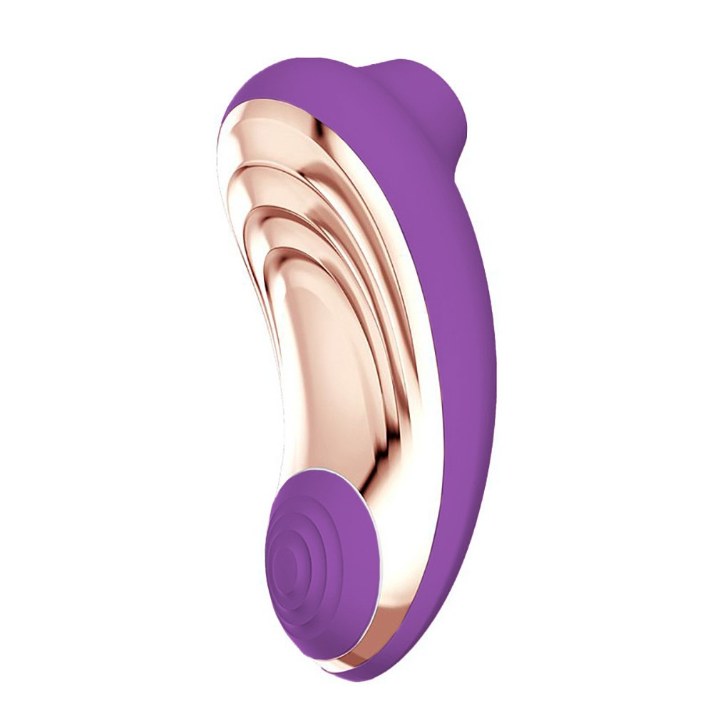 Vibrador duplo sugador de cl�toris e vibrador ponto G roxo, vista lateral que mostra o design elegante com detalhes dourados