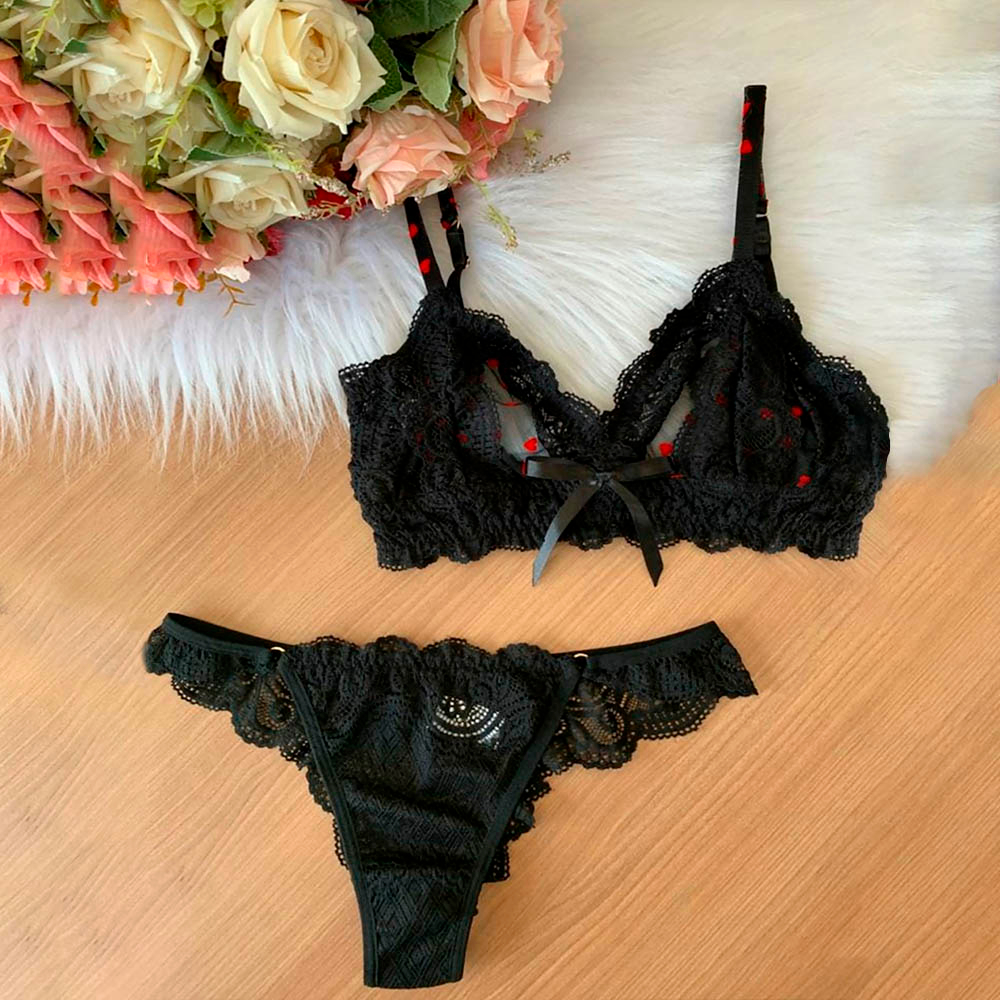 Conjunto Sensual Sexy em Renda sem Bojo e Aro com Detalhes de Cora��o Laila Preto | Foto 03