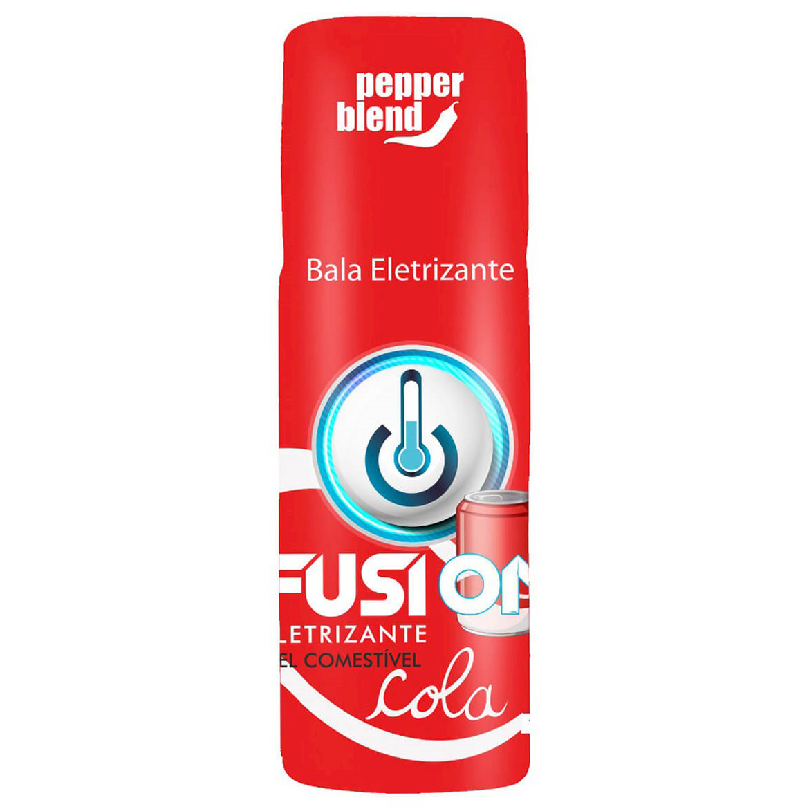 Vibrador L�quido Bala Eletrizante Fusion Cola em embalagem vermelha e branca com ilustra��es de cola