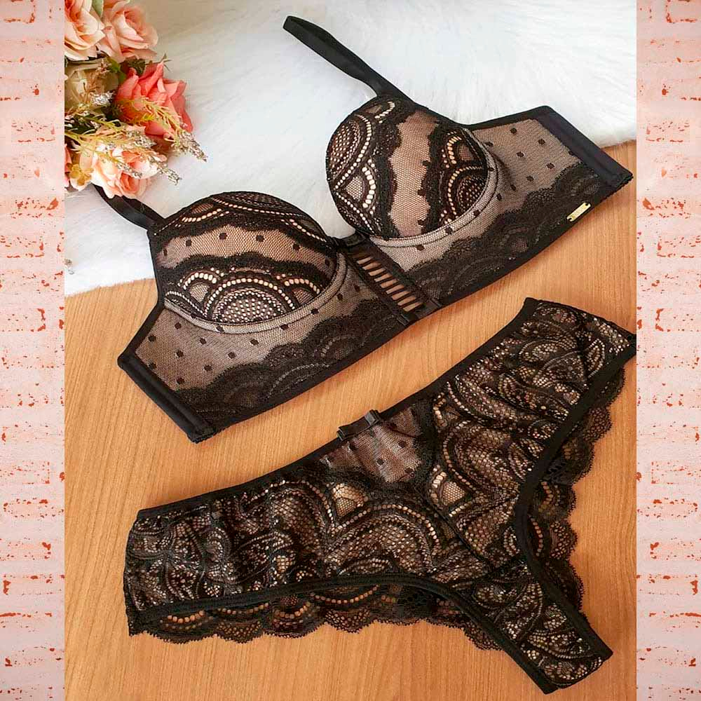 Conjunto Sensual Sexy em Renda e Tule Po� com Bojo Amora Preto | Foto 04