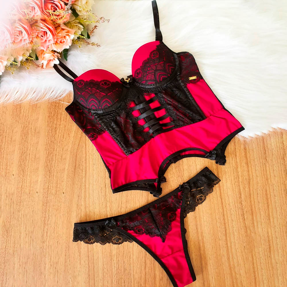 Espartilho Sensual Fio Dental em Microfibra e Renda com Bojo e Barbatanas Rebeca Preto e Pink | Foto 04