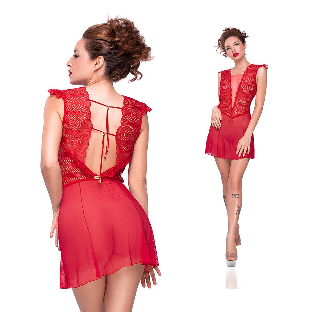 Camisola Sensual Sexy em Tule e Renda Vermelha, modelo de costas exibindo amarra��o e transpar�ncia do tule