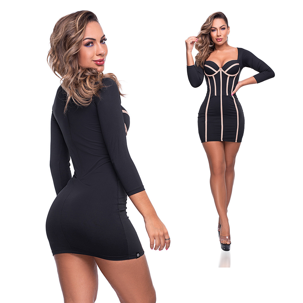 Vestido Sensual Sexy em Suplex Poliamida com Bojo Manga 7/8 e Vi�s Preto e Bege | Foto 02