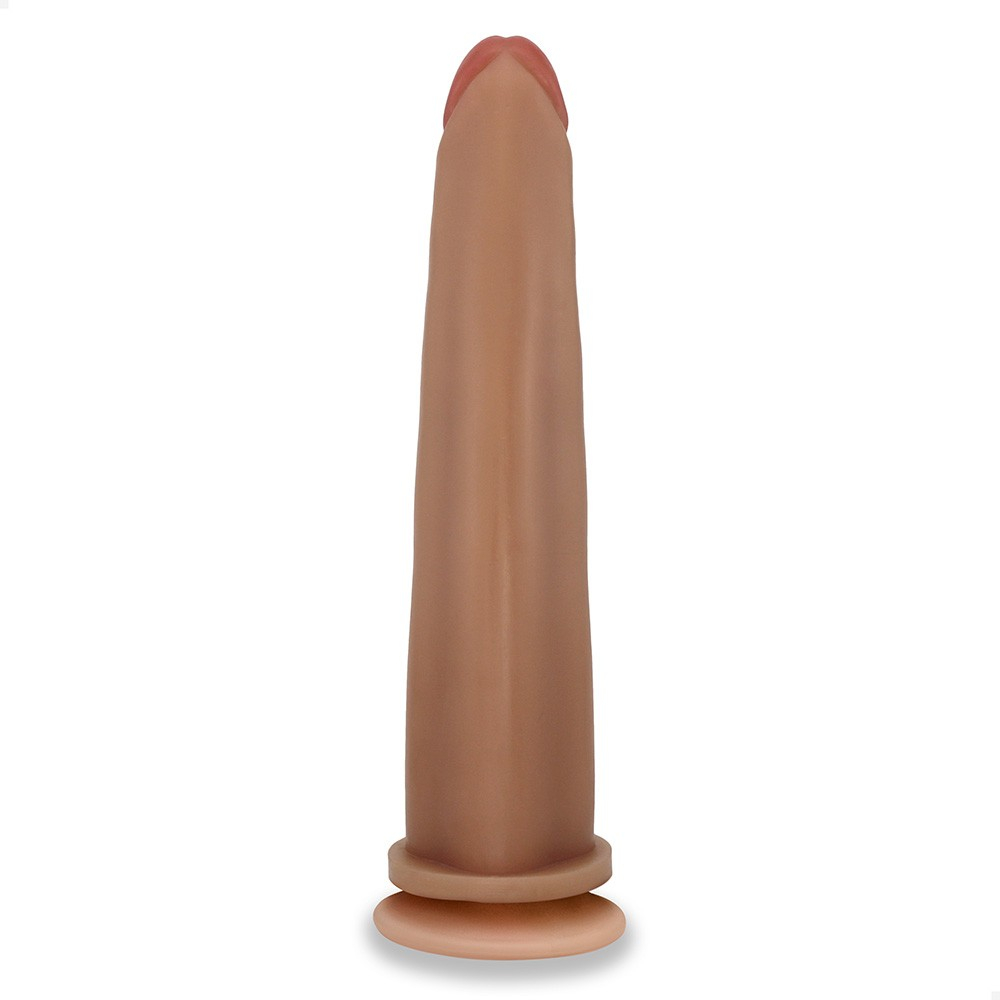 P�nis Gigante e Grosso Flex�vel com Ventosa Comprido 30 x 5,8cm Bege em vista lateral, destacando as dimens�es generosas e a base com ventosa para fixa��o em superf�cies lisas.