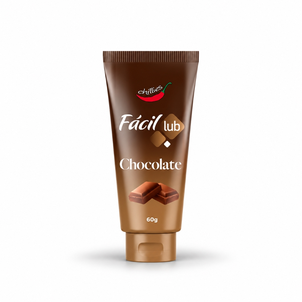Lubrificante � Base de �gua Beij�vel F�cil Lub Sabor Chocolate 60g - bisnaga marrom com r�tulo 'F�cil Lub Chocolate 60g'