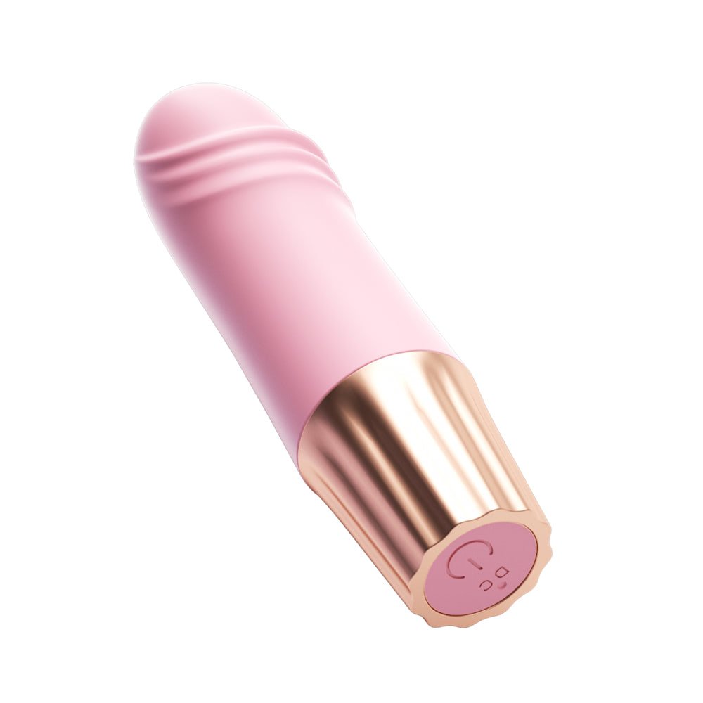 Vibrador Personal Recarreg�vel em Silicone com 10 Vibra��es Mini Happy P�nis Rosa - Vista inclinada, destacando design e base rose-gold