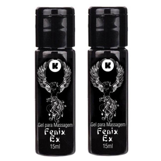 Gel Massageador Hot Fenix 15ml, dupla em embalagens pretas com logo da Fenix e detalhes brancos