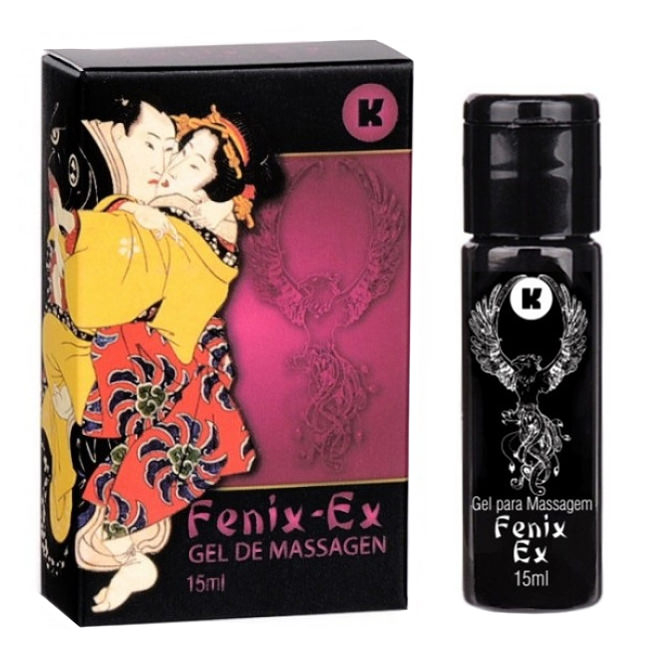 Embalagem do Gel Massageador Hot Fenix 15ml ao lado da caixa do produto com ilustra��o de casal japon�s