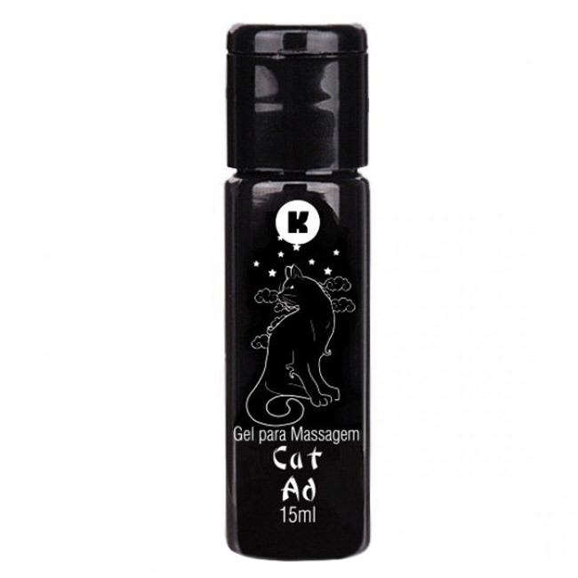 Gel Feminino Adstringente Cat Ad 15ml, frasco preto com ilustra��o de gato e texto 'Gel para Massagem Cat Ad 15ml'