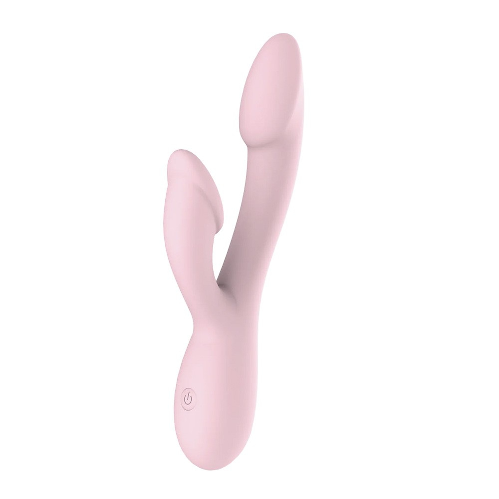 Vibrador Duplo em Silicone Recarreg�vel Rosa - Vista do perfil do produto, mostrando a curvatura e os dois pontos de vibra��o.
