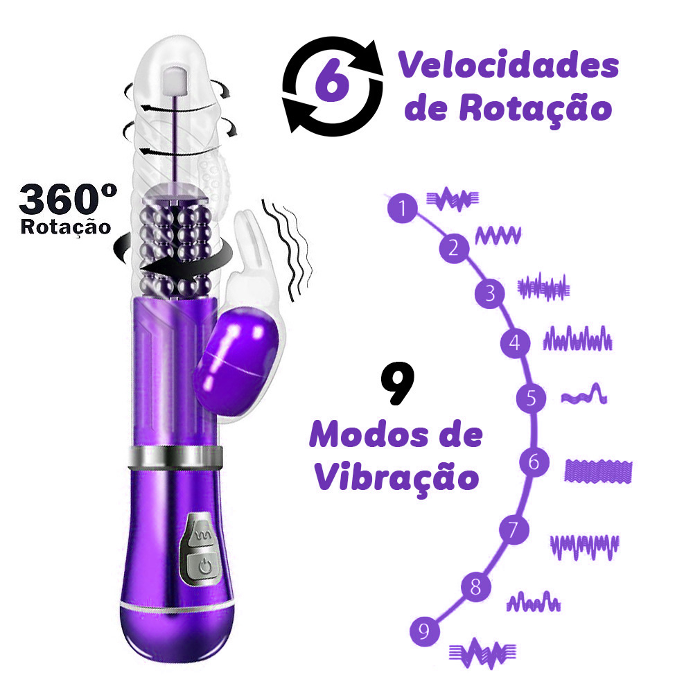 Vibrador Rabbit Recarreg�vel 9 Vibra��es, 6 Rota��es com Estimulador de Clit�ris Coelho II Roxo - 9 modos de vibra��o e 6 velocidades de rota��o