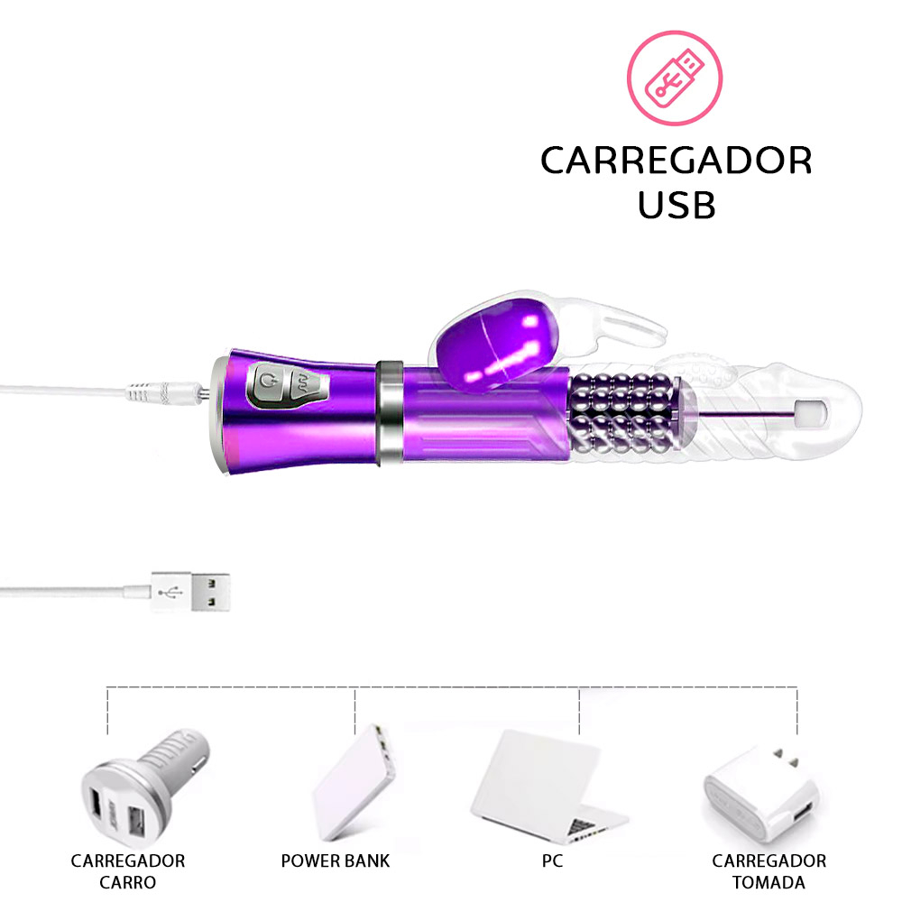 Vibrador Rabbit Recarreg�vel 9 Vibra��es, 6 Rota��es com Estimulador de Clit�ris Coelho II Roxo | Foto 05