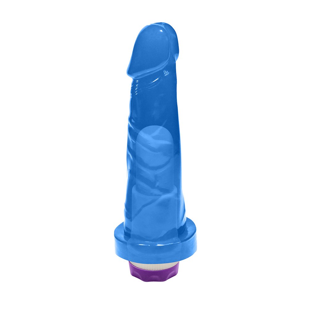 P�nis Mi�rcoles com Vibrador Multivelocidade em posi��o horizontal, mostrando a curvatura e a base do vibrador