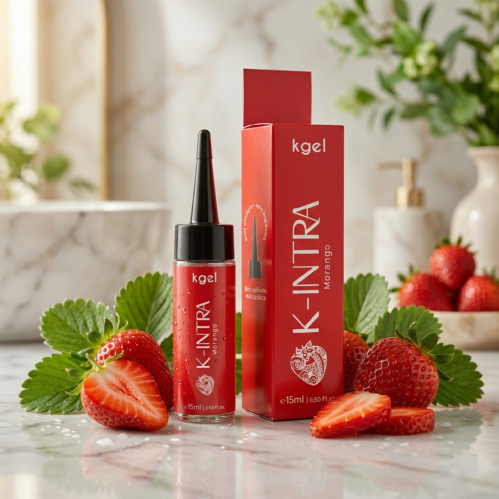 Gel Lubrificante �ntimo K-Intra Aroma de Morango 15ml com morangos frescos ao redor, destacando o aroma natural