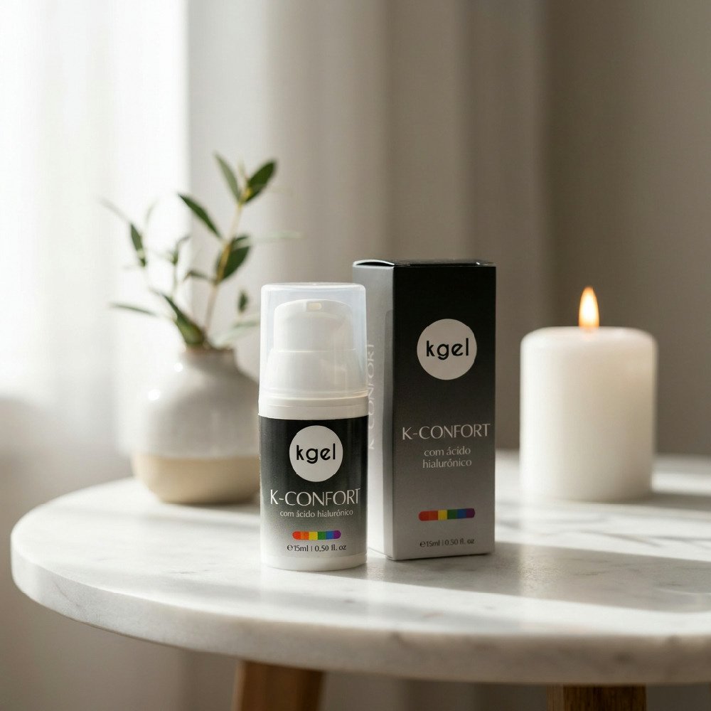 Gel Dessensibilizante para Sexo Anal K-Confort 15ml em ambiente decorado com velas e vaso de planta, destacando seu frasco e embalagem